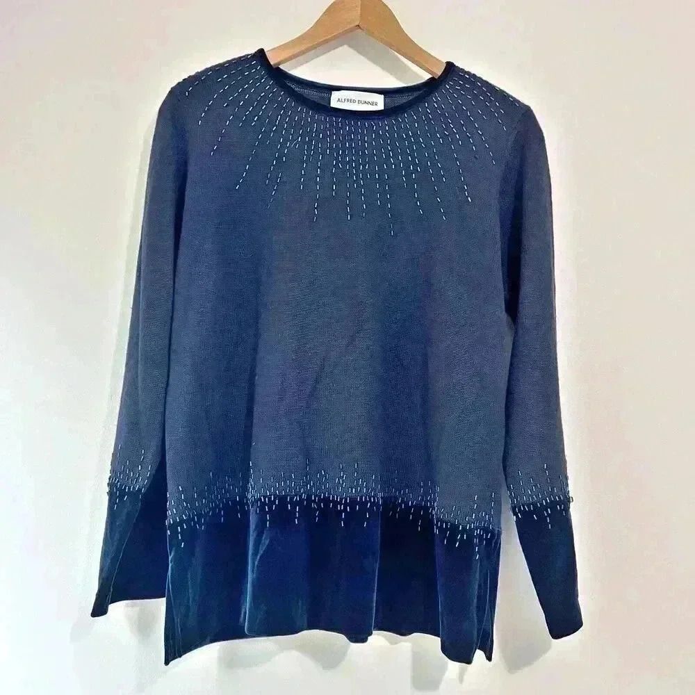 Alfred Dunner Beaded Wool Sweater Top Womens S Velour Panel Knit Sparkle Bling